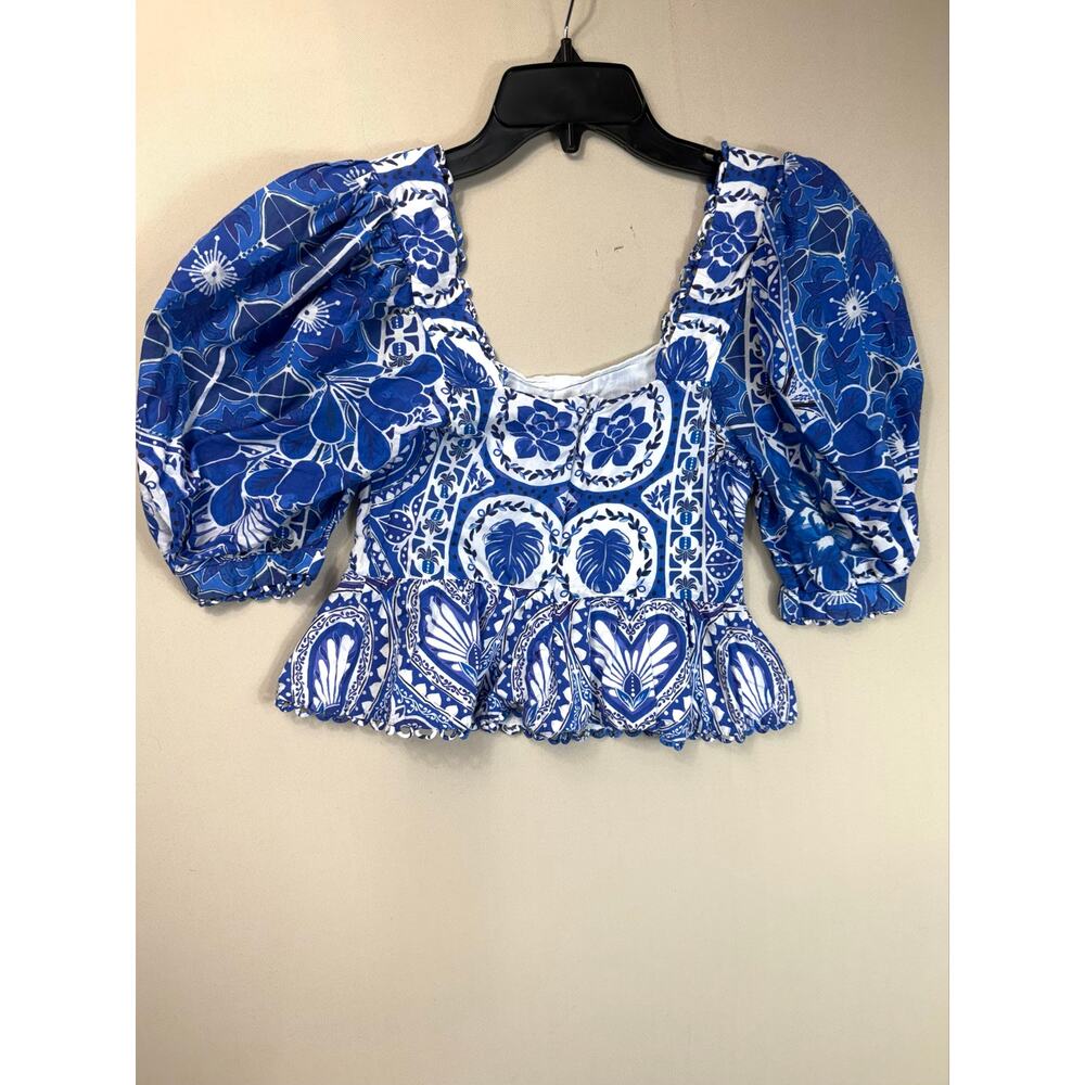 Farm Rio Tile Dream blue puff sleeves Blouse XS - Picture 4 of 6